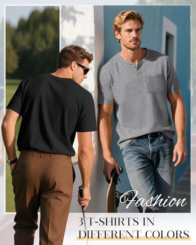 3 Pack Men's Big and Tall Henley T-Shirts, Cotton Short Sleeve Raglan Pullover Summer Basic Tee Tops with Pocket in Kuwait
