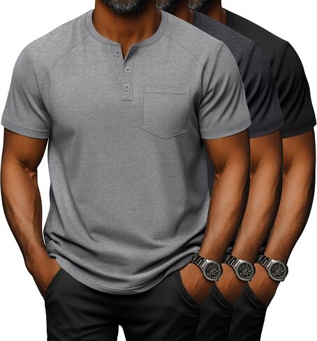 3 Pack Men's Big and Tall Henley T-Shirts, Cotton Short Sleeve Raglan Pullover Summer Basic Tee Tops with Pocket in Kuwait