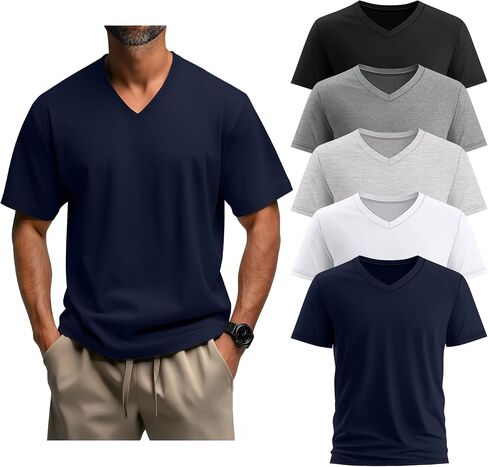 5 Pack Men's Big and Tall Shirts Casual V Neck Short Sleeve Tees Summer Cotton Basic T Shirts Multipack in Saudi Arabia