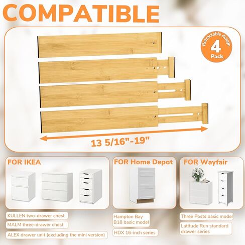 BAMEOS 4" High Drawer Dividers Bamboo Separators Organization Expandable Organizers for Kitchen Bedroom Bathroom Dresser Office 4-pack in Kuwait