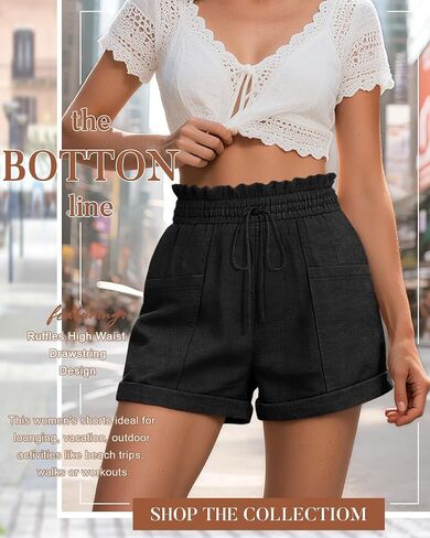 Women's Linen Shorts, Casual Ruffle High Waisted Drawstring Wide Rolled Leg Summer Lounge Shorts with Pockets in Saudi Arabia