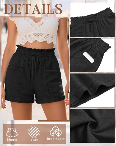 Women's Linen Shorts, Casual Ruffle High Waisted Drawstring Wide Rolled Leg Summer Lounge Shorts with Pockets in Saudi Arabia