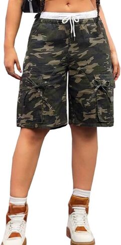 Seltaon Women's Camo Shorts Casual Army Fatigue High Waisted Baggy Multi Pocket Camouflage Bermuda Cargo Shorts in Saudi Arabia