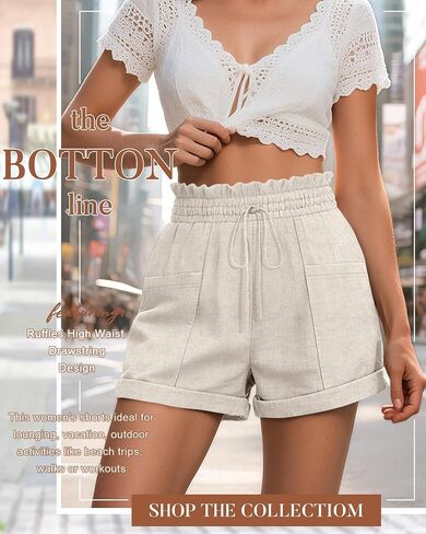 Women's Linen Shorts, Casual Ruffle High Waisted Drawstring Wide Rolled Leg Summer Lounge Shorts with Pockets in Saudi Arabia
