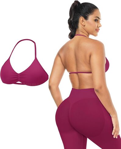 Impact Strappy Sports Bras for Women Seamless Padded Twill Knit Deep V Halter Workout Gym Tops Yoga Bras for Women in Saudi Arabia