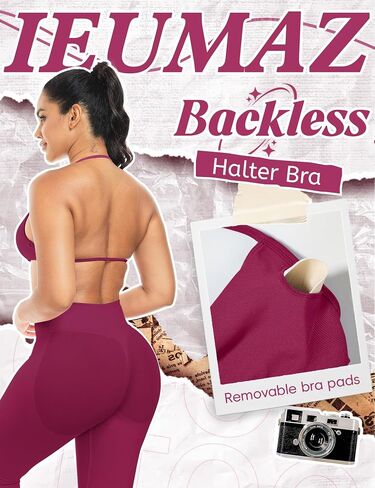 Impact Strappy Sports Bras for Women Seamless Padded Twill Knit Deep V Halter Workout Gym Tops Yoga Bras for Women in Saudi Arabia