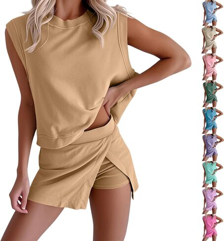 Two Piece Sets for Women Cotton Skort Sets 2 Piece Set Summer Sleeveless Womens Tank Tops Matching Tennis Skirt in Kuwait