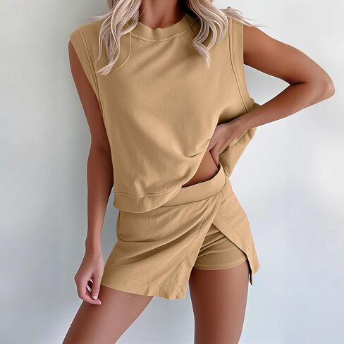 Two Piece Sets for Women Cotton Skort Sets 2 Piece Set Summer Sleeveless Womens Tank Tops Matching Tennis Skirt in Kuwait