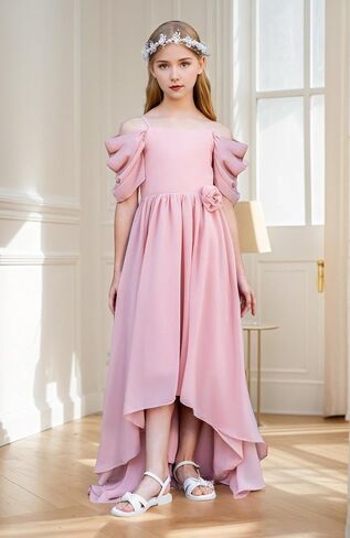 Junior Bridesmaid Dresses for Kids Chiffon Flower Girl Dress High Low Pageant Communion Dress Off Shoulder in Saudi Arabia