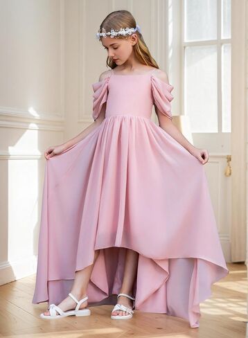 Junior Bridesmaid Dresses for Kids Chiffon Flower Girl Dress High Low Pageant Communion Dress Off Shoulder in Saudi Arabia