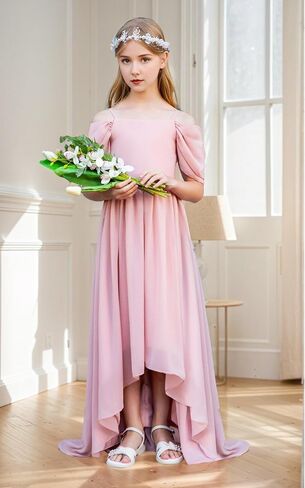 Junior Bridesmaid Dresses for Kids Chiffon Flower Girl Dress High Low Pageant Communion Dress Off Shoulder in Saudi Arabia