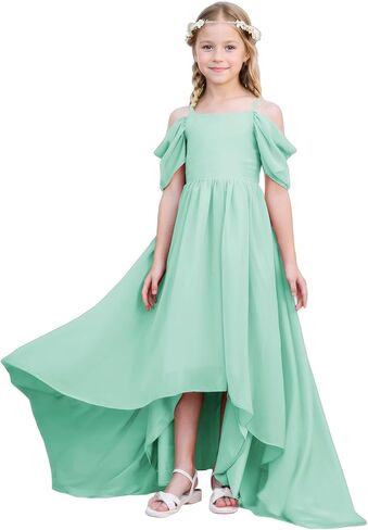 Junior Bridesmaid Dresses for Kids Chiffon Flower Girl Dress High Low Pageant Communion Dress Off Shoulder in Saudi Arabia