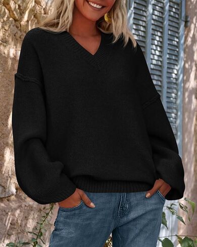 BTFBM Casual Long Sleeve Sweaters for Women Loose V Neck Ribbed Knit Pullover Tops Womens Fall Fashion 2025 in Kuwait