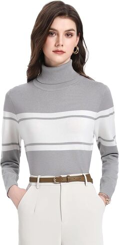 Women’s Classic-Fit Striped Long Sleeves Turtleneck Sweater, 2025 Fall Chic Lightweight Sporty Jumper in Saudi Arabia