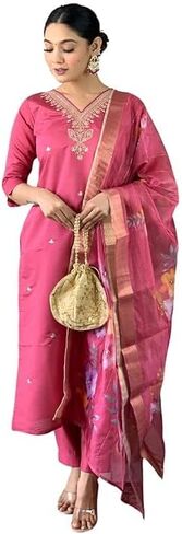 Womens Kurta Set Indian Style Embroidered Straight Party Wear Kurta Pant with Dupatta in Saudi Arabia