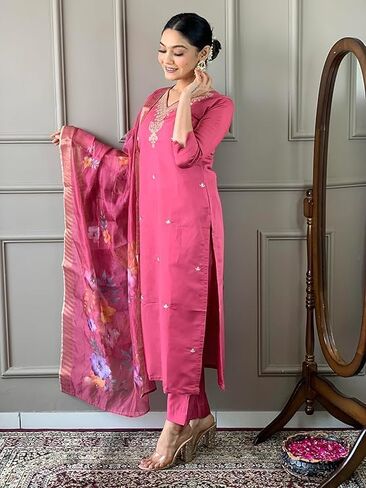 Womens Kurta Set Indian Style Embroidered Straight Party Wear Kurta Pant with Dupatta in Saudi Arabia