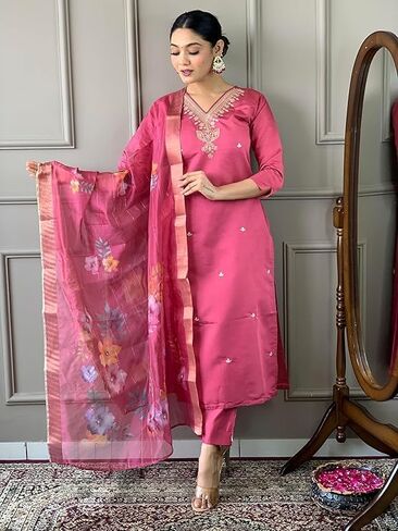 Womens Kurta Set Indian Style Embroidered Straight Party Wear Kurta Pant with Dupatta in Saudi Arabia