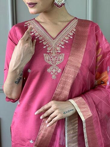 Womens Kurta Set Indian Style Embroidered Straight Party Wear Kurta Pant with Dupatta in Saudi Arabia