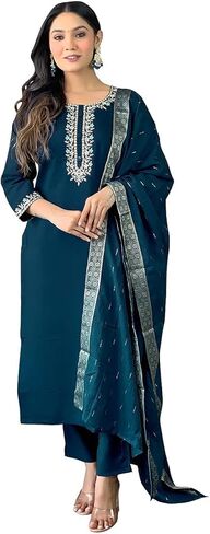 Womens Kurta Set Indian Style Embroidered Straight Party Wear Kurta Pant with Dupatta in Saudi Arabia