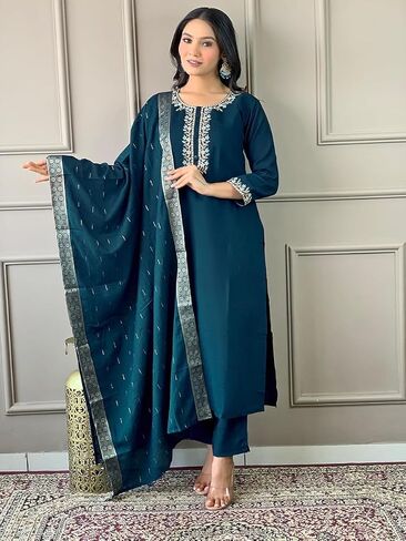 Womens Kurta Set Indian Style Embroidered Straight Party Wear Kurta Pant with Dupatta in Saudi Arabia
