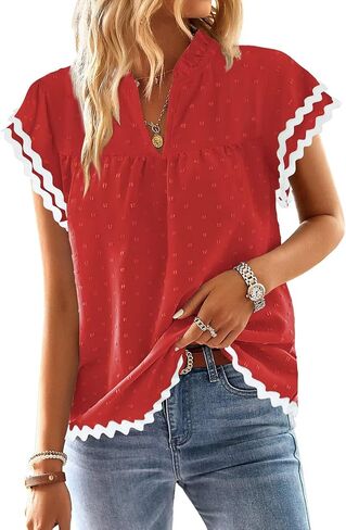 Womens Tops Summer Short Ruffle Sleeve V Neck Blouses Cute Boho Swiss Dot Lace Shirts Casual Flowy RIC Rac Trims Tee in Saudi Arabia