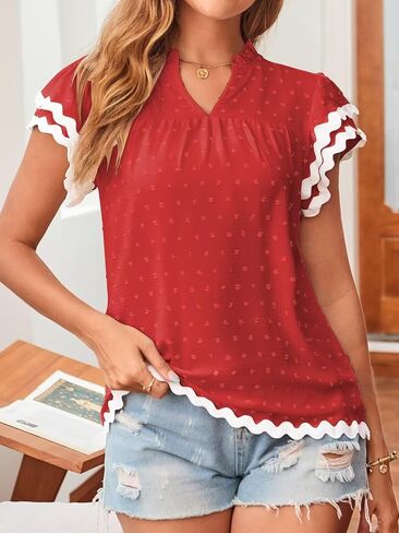 Womens Tops Summer Short Ruffle Sleeve V Neck Blouses Cute Boho Swiss Dot Lace Shirts Casual Flowy RIC Rac Trims Tee in Saudi Arabia