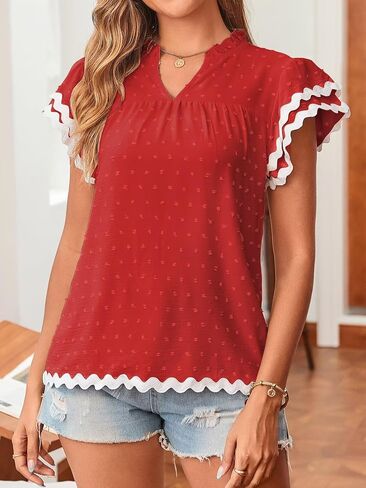 Womens Tops Summer Short Ruffle Sleeve V Neck Blouses Cute Boho Swiss Dot Lace Shirts Casual Flowy RIC Rac Trims Tee in Saudi Arabia