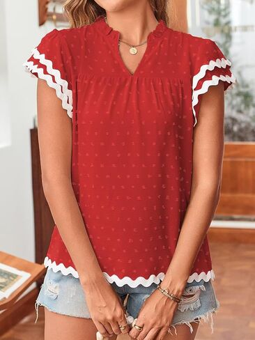 Womens Tops Summer Short Ruffle Sleeve V Neck Blouses Cute Boho Swiss Dot Lace Shirts Casual Flowy RIC Rac Trims Tee in Saudi Arabia