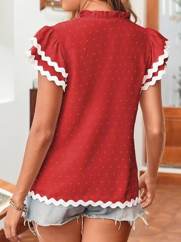 Womens Tops Summer Short Ruffle Sleeve V Neck Blouses Cute Boho Swiss Dot Lace Shirts Casual Flowy RIC Rac Trims Tee in Saudi Arabia