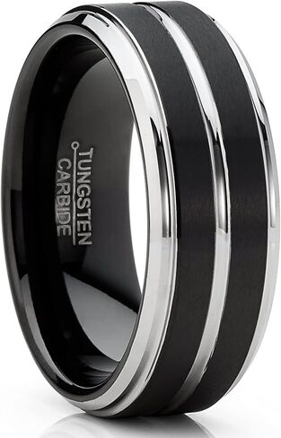 Men Tungsten Two-Tone Wedding Band Grooved Ring 8MM Black Goldtone Silvertone in Saudi Arabia