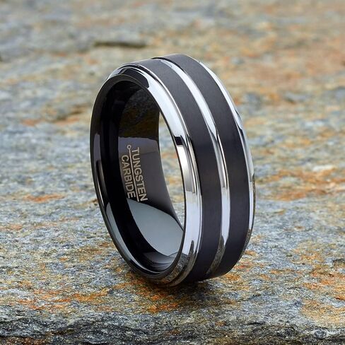 Men Tungsten Two-Tone Wedding Band Grooved Ring 8MM Black Goldtone Silvertone in Saudi Arabia