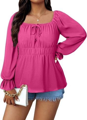 Alvaq Womens Plus Size Tops Tie Brand Square Movid Square Long Long Lency Cholect Shulk Peplum hem Shirt in Kuwait