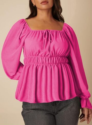 Alvaq Womens Plus Size Tops Tie Brand Square Movid Square Long Long Lency Cholect Shulk Peplum hem Shirt in Kuwait