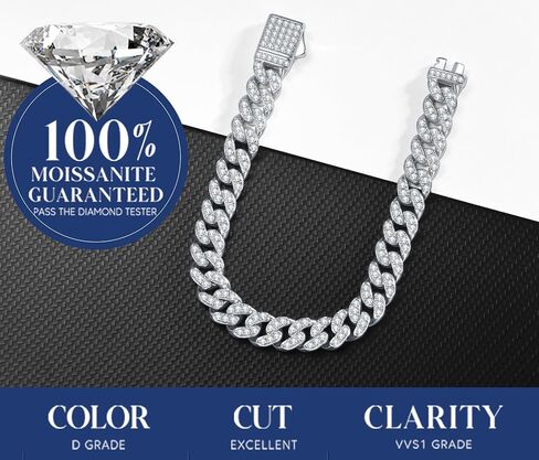 Fancime 3-3.54 Carats Moissanite Bracelet ، 8mm Moissanite Cupan Link Bracelet 925 Sterling Silver Cuban Bracelet d Color VVS1 Round Bling Iced Out Miami Imond in Kuwait