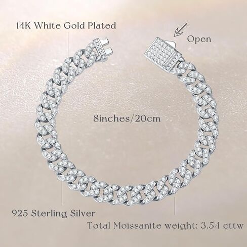 Fancime 3-3.54 Carats Moissanite Bracelet ، 8mm Moissanite Cupan Link Bracelet 925 Sterling Silver Cuban Bracelet d Color VVS1 Round Bling Iced Out Miami Imond in Kuwait