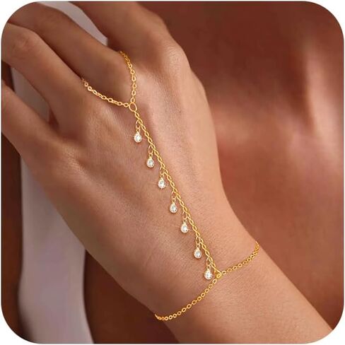 CAROVO Gold Bracelet for Women Dainty 14K Real Gold Silver Plated Hand Chain Bracelet CZ Satellite Bead Finger Ring Chain Bracelet Jewelry Adjustable Waterproof Gift for Women in Kuwait