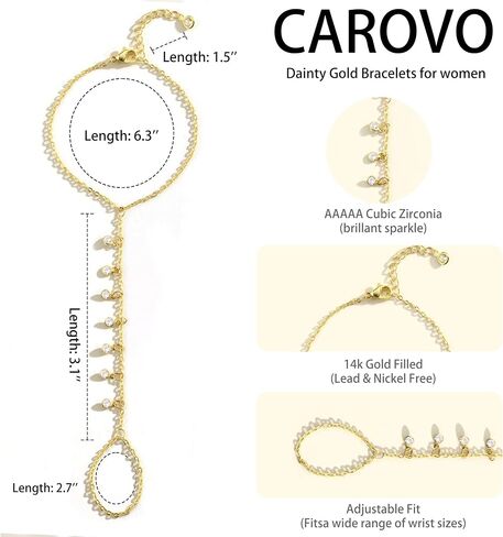 CAROVO Gold Bracelet for Women Dainty 14K Real Gold Silver Plated Hand Chain Bracelet CZ Satellite Bead Finger Ring Chain Bracelet Jewelry Adjustable Waterproof Gift for Women in Kuwait