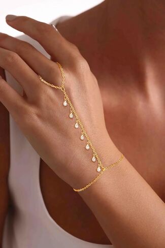 CAROVO Gold Bracelet for Women Dainty 14K Real Gold Silver Plated Hand Chain Bracelet CZ Satellite Bead Finger Ring Chain Bracelet Jewelry Adjustable Waterproof Gift for Women in Kuwait
