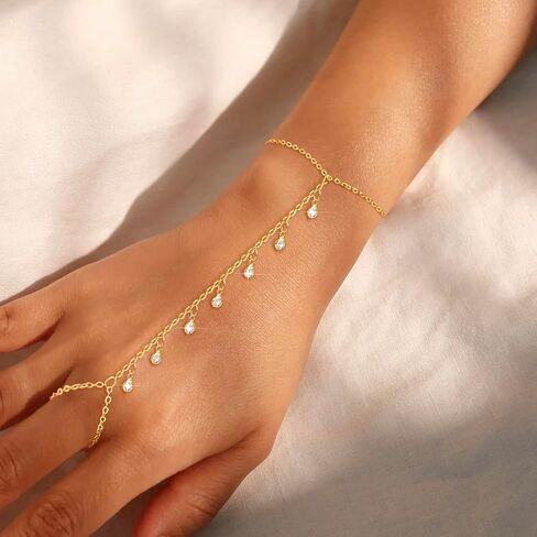 CAROVO Gold Bracelet for Women Dainty 14K Real Gold Silver Plated Hand Chain Bracelet CZ Satellite Bead Finger Ring Chain Bracelet Jewelry Adjustable Waterproof Gift for Women in Kuwait