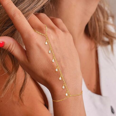 CAROVO Gold Bracelet for Women Dainty 14K Real Gold Silver Plated Hand Chain Bracelet CZ Satellite Bead Finger Ring Chain Bracelet Jewelry Adjustable Waterproof Gift for Women in Kuwait