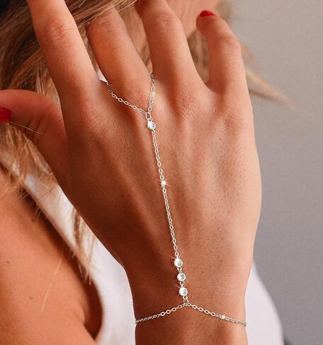 CAROVO Gold Bracelet for Women Dainty 14K Real Gold Silver Plated Hand Chain Bracelet CZ Satellite Bead Finger Ring Chain Bracelet Jewelry Adjustable Waterproof Gift for Women in Kuwait
