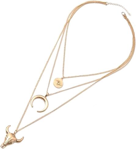 Women's Vintage Western Layered Necklaces Evil Eye Bull Head Crescent Moon Layered Necklace Boho Cowboy Cowgirl Geometric Pendant Chain Necklace Fashion Pendant Necklace Jewelry for Women in Kuwait