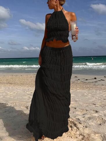 صيف سيدات Y2K Maxi Skirt Lace مرنة الخصر مطوي تدفق طويل التنورة الطويلة شاطئ الكوكتيل كوكتيل in Kuwait