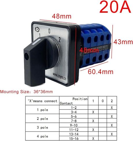 2/3/4/5 Position 20A 4 Poles Electrical Universal Changeover Rotary Cam Switch Silver Contacts YMW26 LW26-20/4(01) in Saudi Arabia