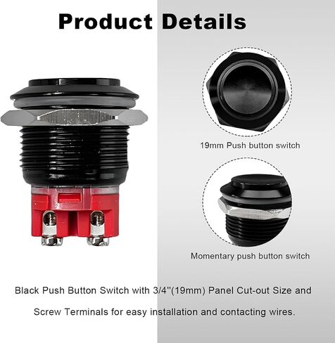 2 PCS Momentary Push Button Switch, 19mm 10A Waterproof Metal Horn ON/Off Push Button Switch, Round Power Starter Switch for Car RV Truck Boat Marine, Car Accessories (Black) in Saudi Arabia