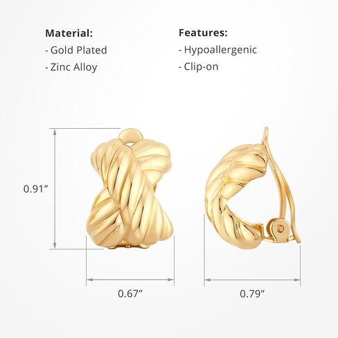 CoBi Clip on Chunky Earrings for Women, Silver 18K Gold Plated Vintage Textured Ribbed Knot Earring, Geometric Rectangle Heart Seashell Rope, Trendy Fashion Jewelry, Lightweight & Hypoallergenic, Gift in Saudi Arabia
