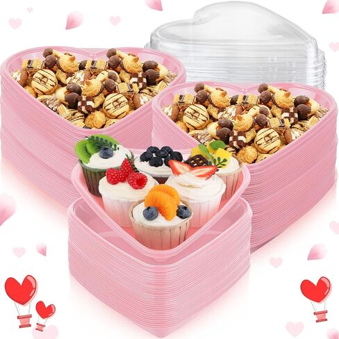 Macarrie Valentine's Heart Shaped Serving Tray Platter 20 oz Heart Plates with Clear Lids Heart Dessert Plates Snack Tray for Valentine Birthday Party Table Decoration (10, Pink) in Saudi Arabia
