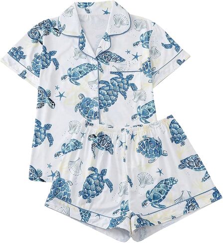 Wdirara Women's 2 قطعة Sea Turtle Graphic Pajama Set Butn in Kuwait