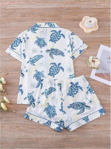 Wdirara Women's 2 قطعة Sea Turtle Graphic Pajama Set Butn in Kuwait