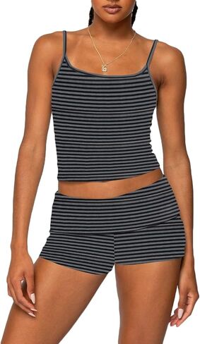 RUEWEY Women Y2k Pajama Set Striped Sleeveless Crop Cami Top Lounge Shorts PJS 2 Piece Matching Sleepwear in Kuwait